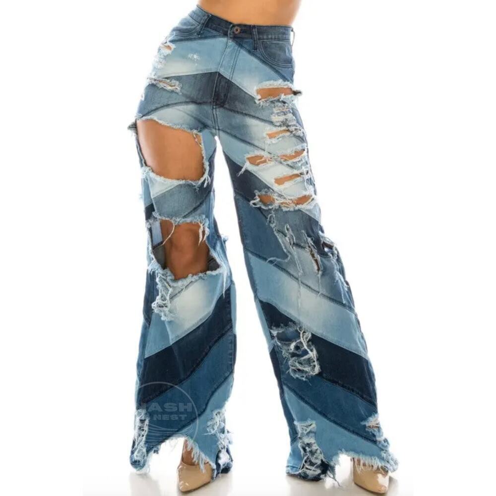 Y2K Swank A Posh Aphrodite Patchwork Distressed Flare Jeans | USA, 10, 12, 13